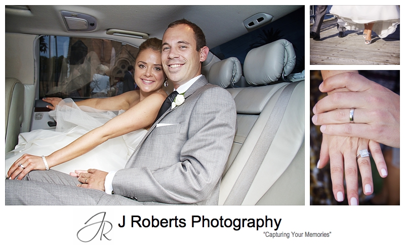 Bride and groom leaving in car with details - wedding photography sydney